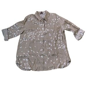 J. Jill Linen Tan and White Bird‎ Pattern Button Down long Sleeve Shirt M